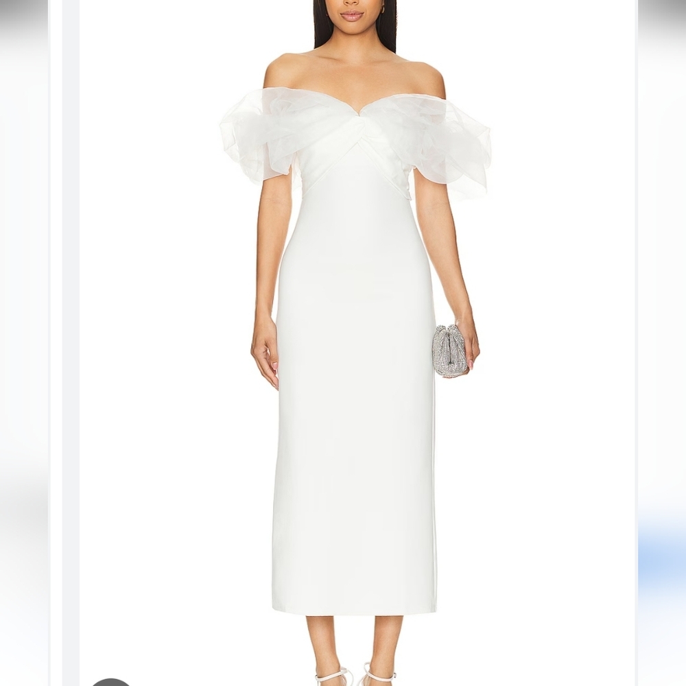 Line & Dot womens Off-Shoulder White midi Dress  sheer sleeves Size XS NWTS